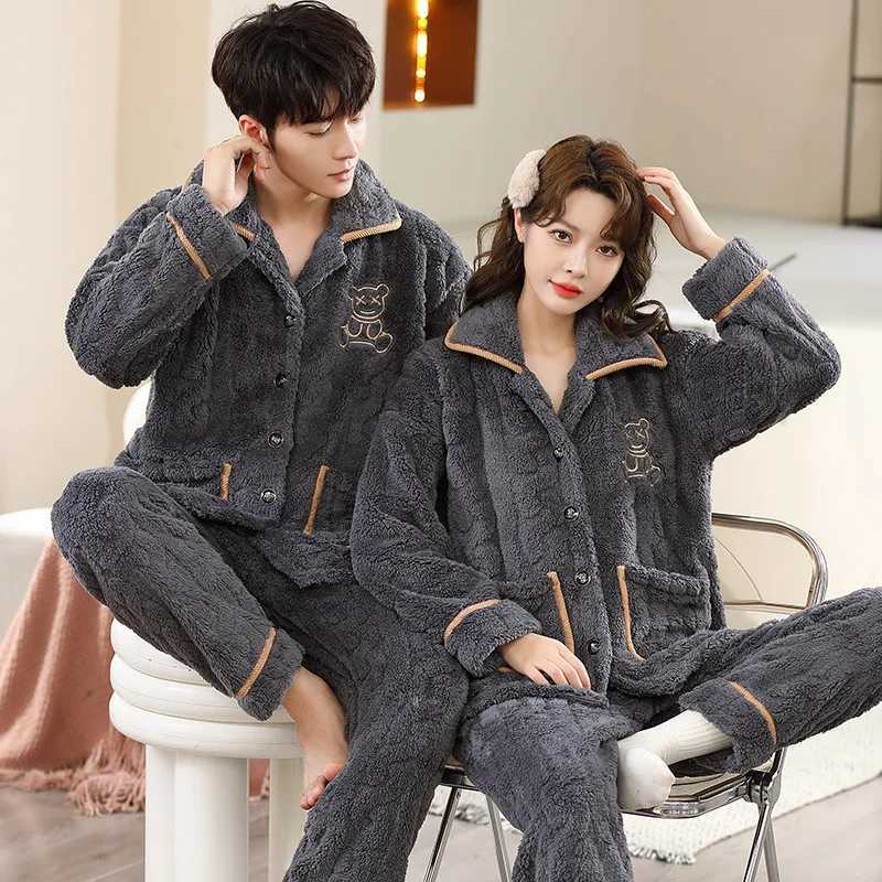 Large size 6Xl mens warm winter lovers pajamas evening gown flannel pajamas set thick pajamas long sleeves W241221