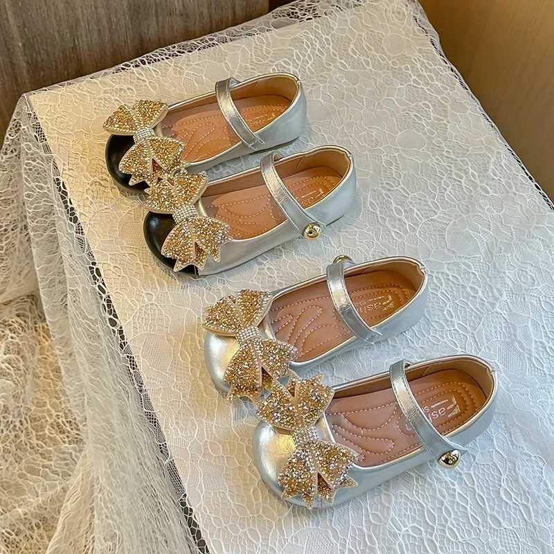 Sneakers Children Princess Leather Shoes for Girls 2024 Autumn New Fashion Soft Bottom Chic Bowtie Anti-slippery Performance Dress Shoes H241221