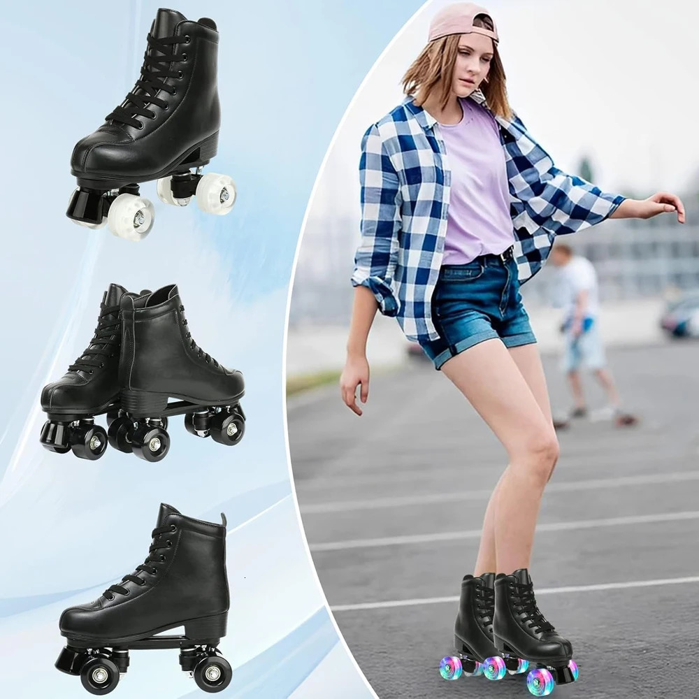 PU Leather Roller Skates Skating Shoes Sliding Inline Quad Skates Sneakers Training Europe Size 4 Wheels Flash Roller Skate 241220