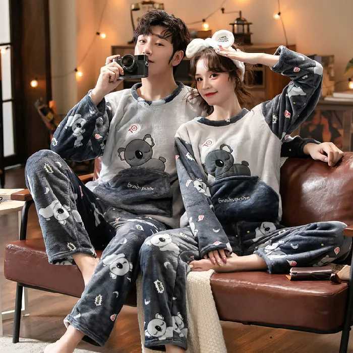 Unisex flannel sleepwear new womens winter warm wool couple sleepwear set couple sleepwear cute cartoon sleepwear W241221