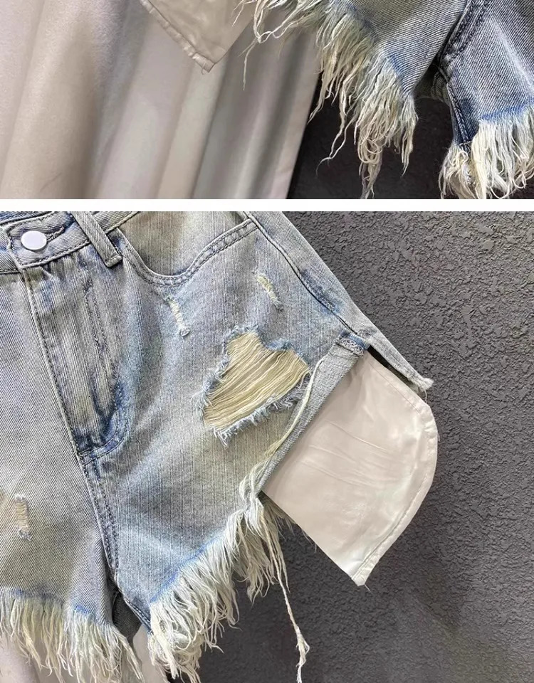 2025 Women Highwaisted Lightcolored Holes ned Denim Shorts Female Ashaped Ripped Jeans sxl pink blue 241218