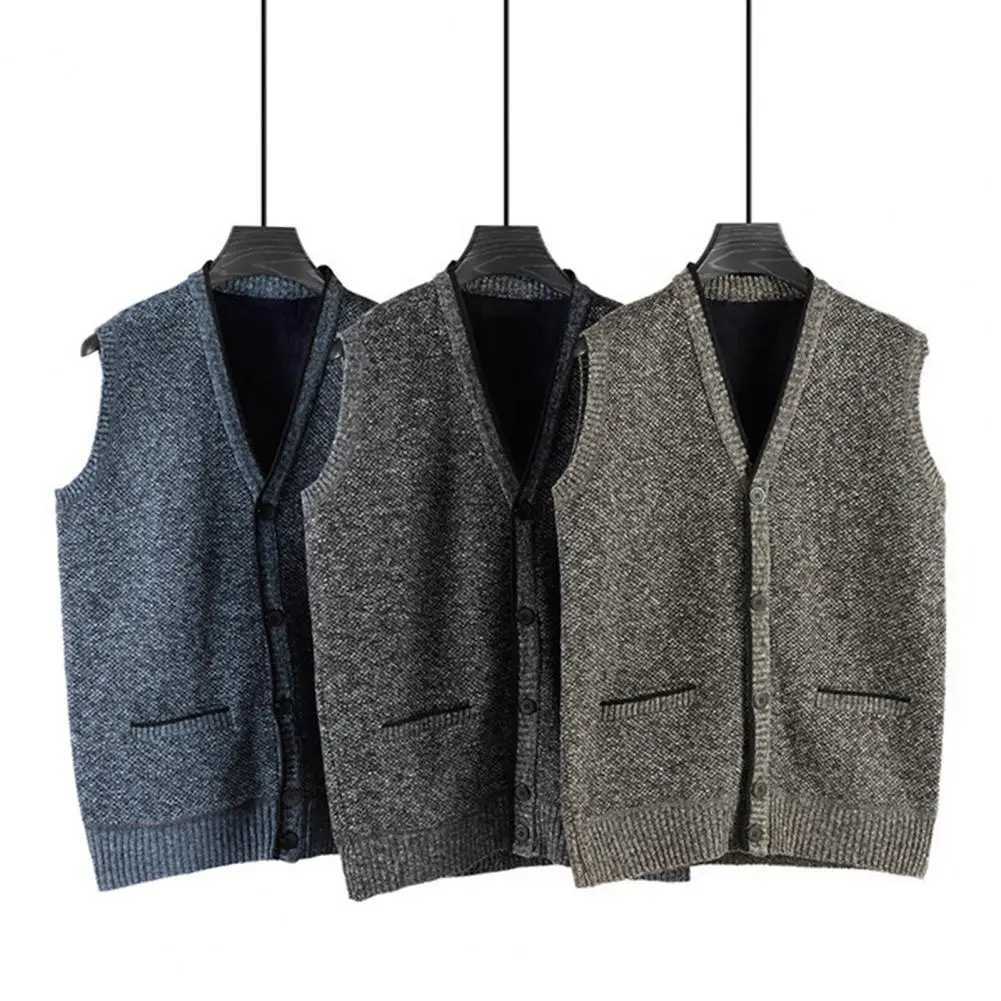 Men Sweater Vest V Neck Single-breasted Sleeveless Buttons With Pockets Elastic Thick Solid Color Knitted Top Sweater Male CoatXJ241221
