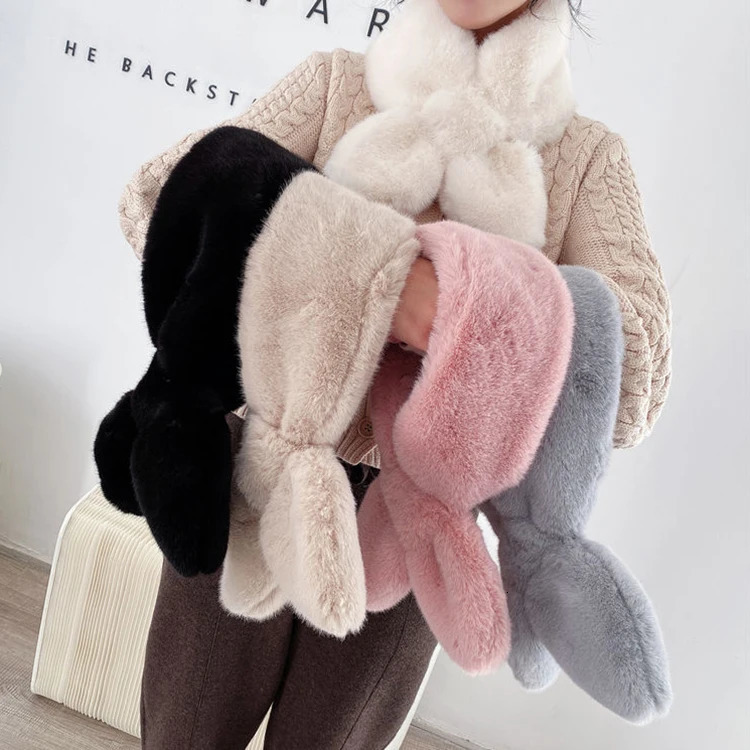 Scarf for Women Korean Autumn and Winter Solid Color Warm Rex Rabbit Fur Scarf Fur Collar Scarf Thickened Collar 241220