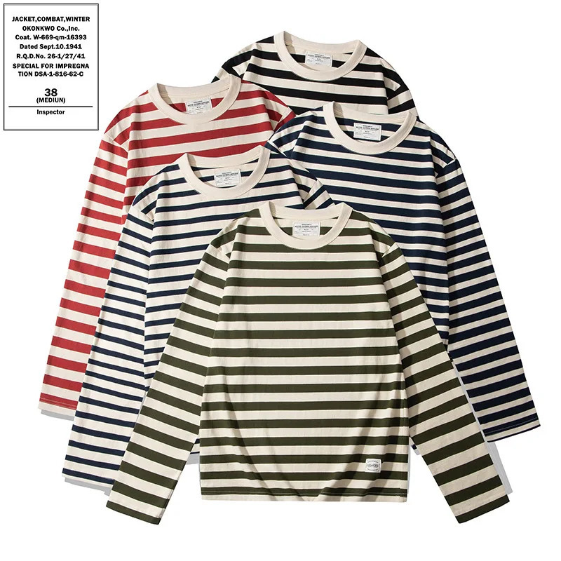Vintage Sailors Striped T Shirts for Men Spring Long Sleeve 230GSM 100% Cotton Washed Tshirt Youth Male Unisex Tees Tops 241217
