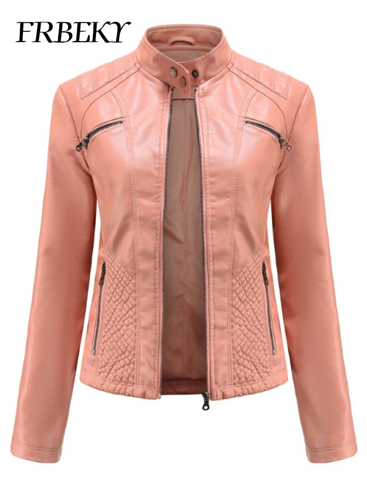 Women coat Autumn Casual Leather Jacket Standing Collar Long Sleeve Slim Solid Color Coat Streetwear Zipper 241216