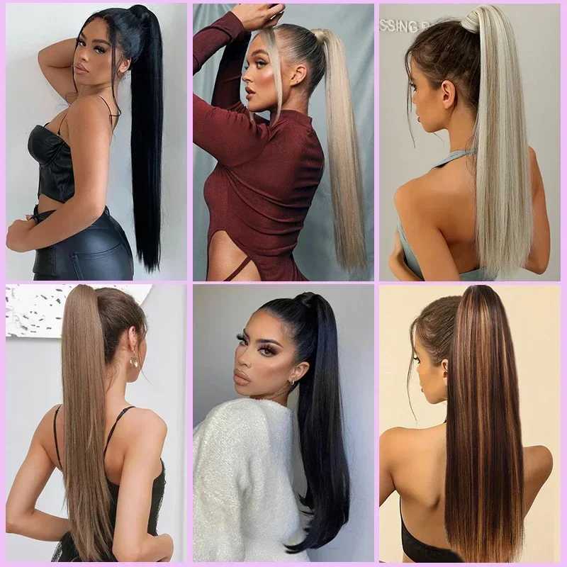 Long Straight Clip in Ponytail Extensions for Women Natural Synthetic Wrap Around Ponytail False Hair Black Straight Horse TailXJ241221