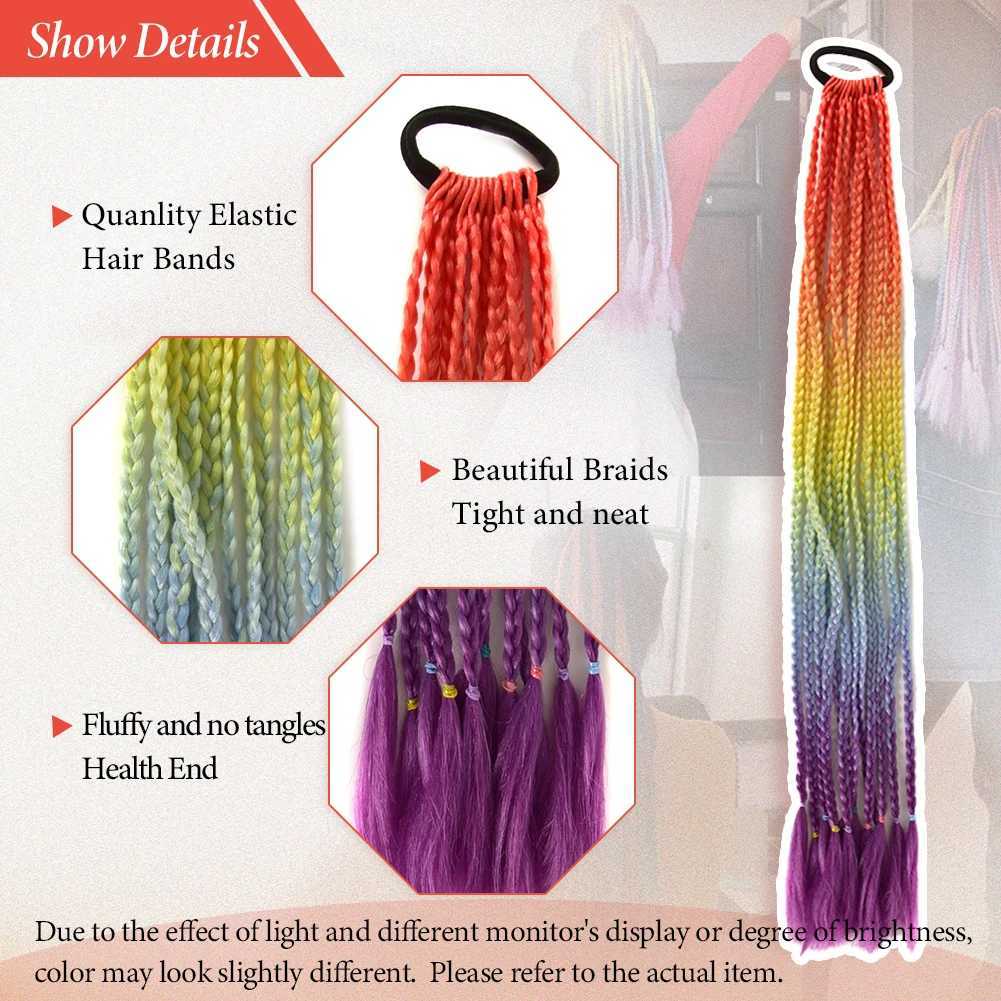 Synthetic Rainbow Color Braids Pony Tail with Elastic Band Colorful Braided Ponytail Hair Extension 24 Inches for Women GirlsXJ241221