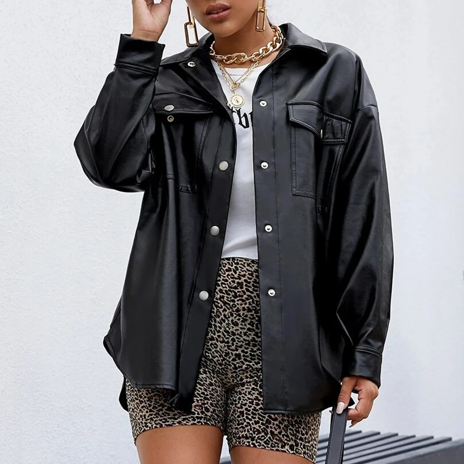 Vintage PU Leather Shirt Jacket Women Casual Coat Retro Punk Jackets Loose High Street Shacket Moto Biker Coats Streetwear 241216