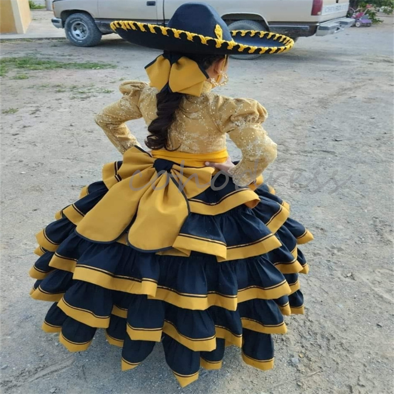 Gorgeous Mexican Gold Flower Girls Dress A Line Long Sleeve Lace Princess Birthday Dress Mariachi Kids Pageant Party First Holy Communion Dress Caramu