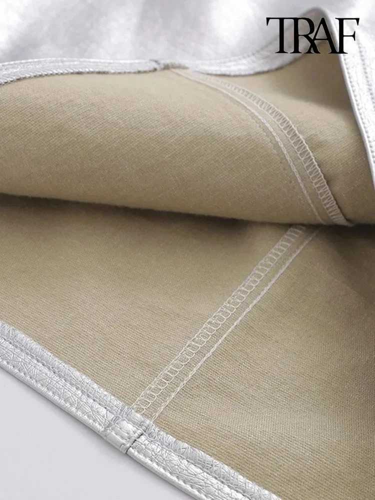 TR Women Fashion Front Pockets Faux Leather Silver Mini Skirt Vintage High Waist Zipper Fly Fe Skirts jerXJ241221