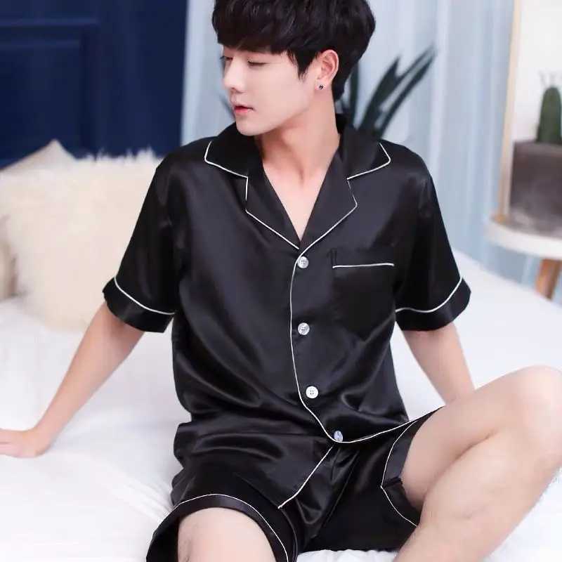 Ice silk sleepwear mens short sleeved thin summer solid color sleepwear large-sized home set W241221