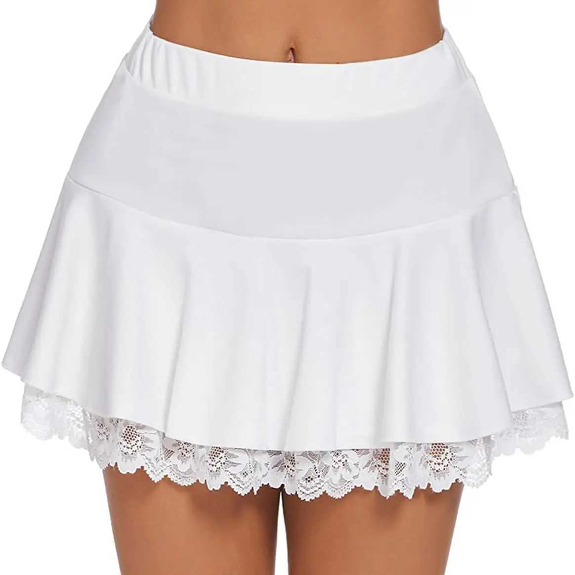 Womens Pleated Mini Skirt High Elastic Waist Lace Ruffles Short Skirt Party Street Sports Flared A-Line Skirts Solid ColorXJ241221