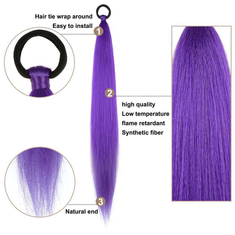 2 Pack Pink Ponytail Extension with Elastic Tie Straight Sleek Wrap Around Braid Ponytail Purple 26 Inch (Purple#)XJ241221