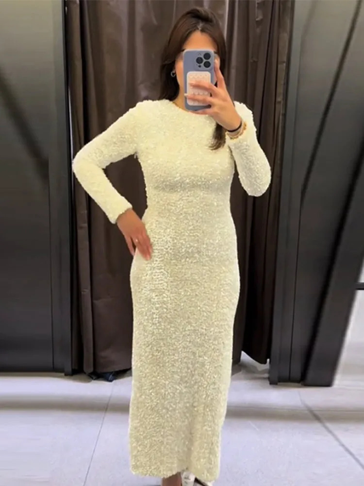 Elegant Sequined Solid Women Dresses Full Sleeve O Neck Lady Maxi Dress Fashion Sexy Party Evening Straight Female Vestidos 241216