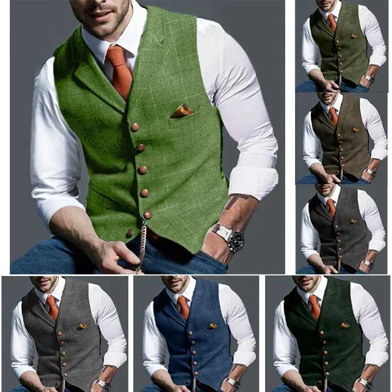 Mens Casual Classic Suit Vest Retro Herringbone Lapel Cotton Blended Tweed Slim Business Commuter Suit Lined Vest S-3XLXJ241221