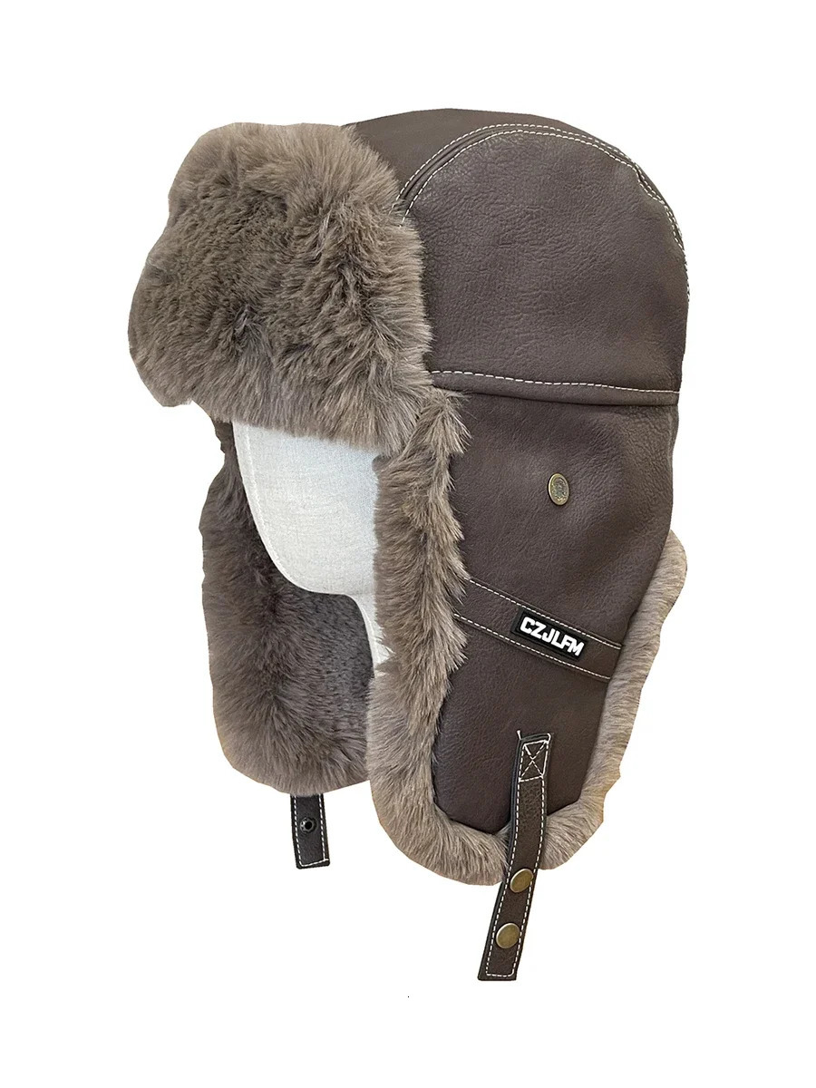 Leather filling material Lei Feng hat mens and womens big head warm bicycle ear protector outdoor plug thick pilot hat 241220