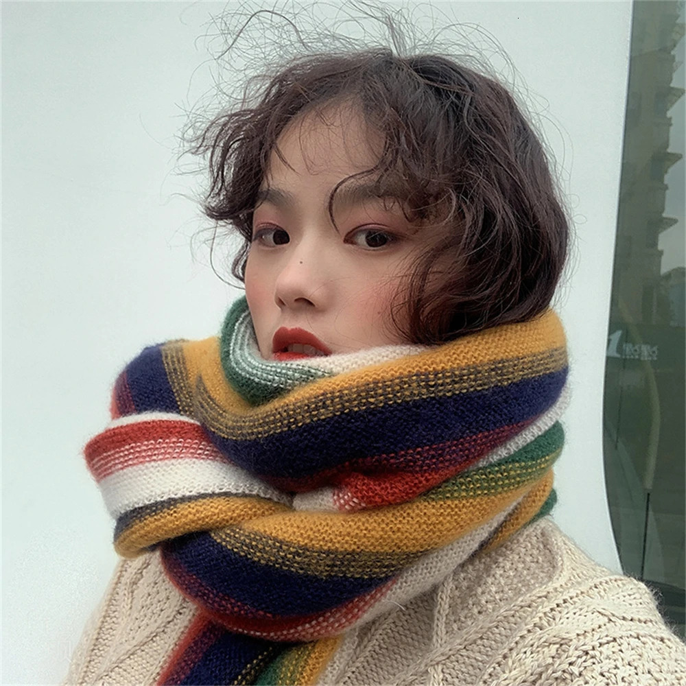 Rainbow Knit Scarf for Women Winter Thick Cashmere Stripe Shawl and Wrap Fashion Warm Streetwear Girls Foulard Wool Scarves 241220