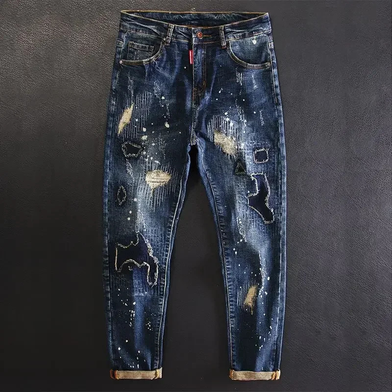 Jeans for Men Stretch Trousers Slim Fit Skinny Ripped Male Cowboy Pants Elastic Patch Broken with Holes Tight Pipe Torn Retro Xs 241218
