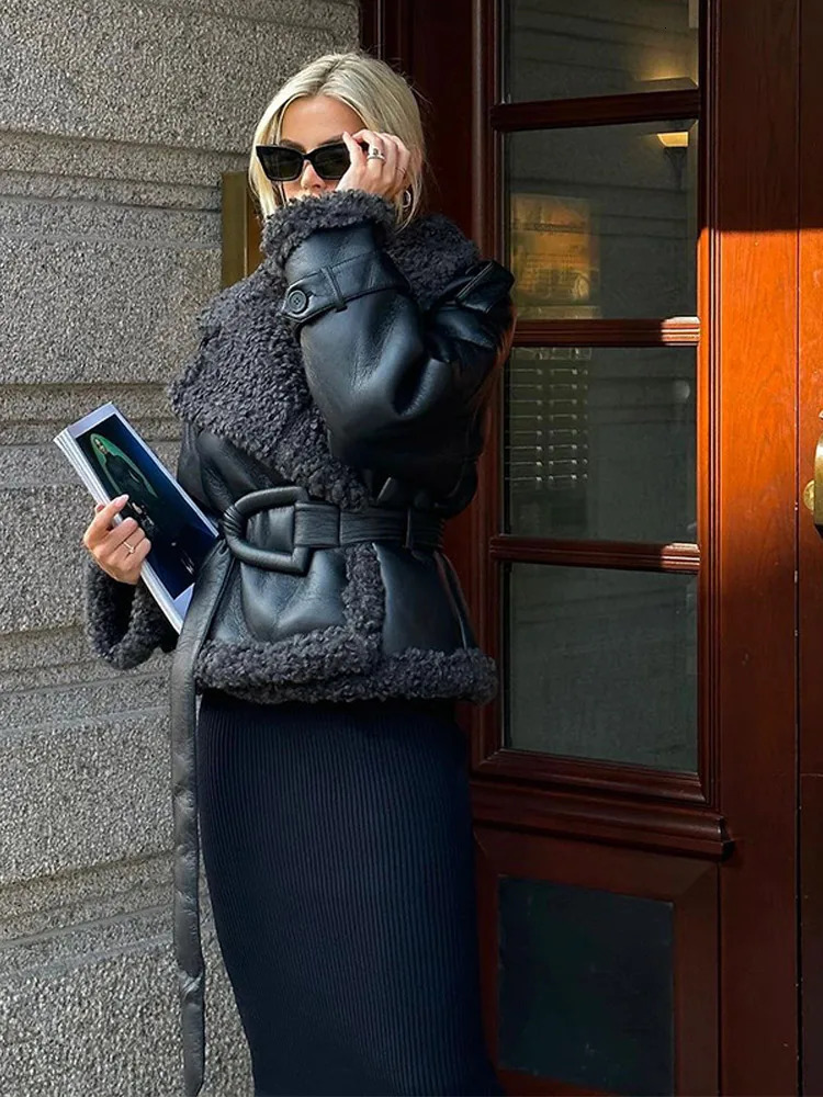 Warm Lapel Lamb Woolen Woman Leather Coat Chic Belt Black Full Sleeve Jacket Fall Winter Lady High Street Outerwear 241216