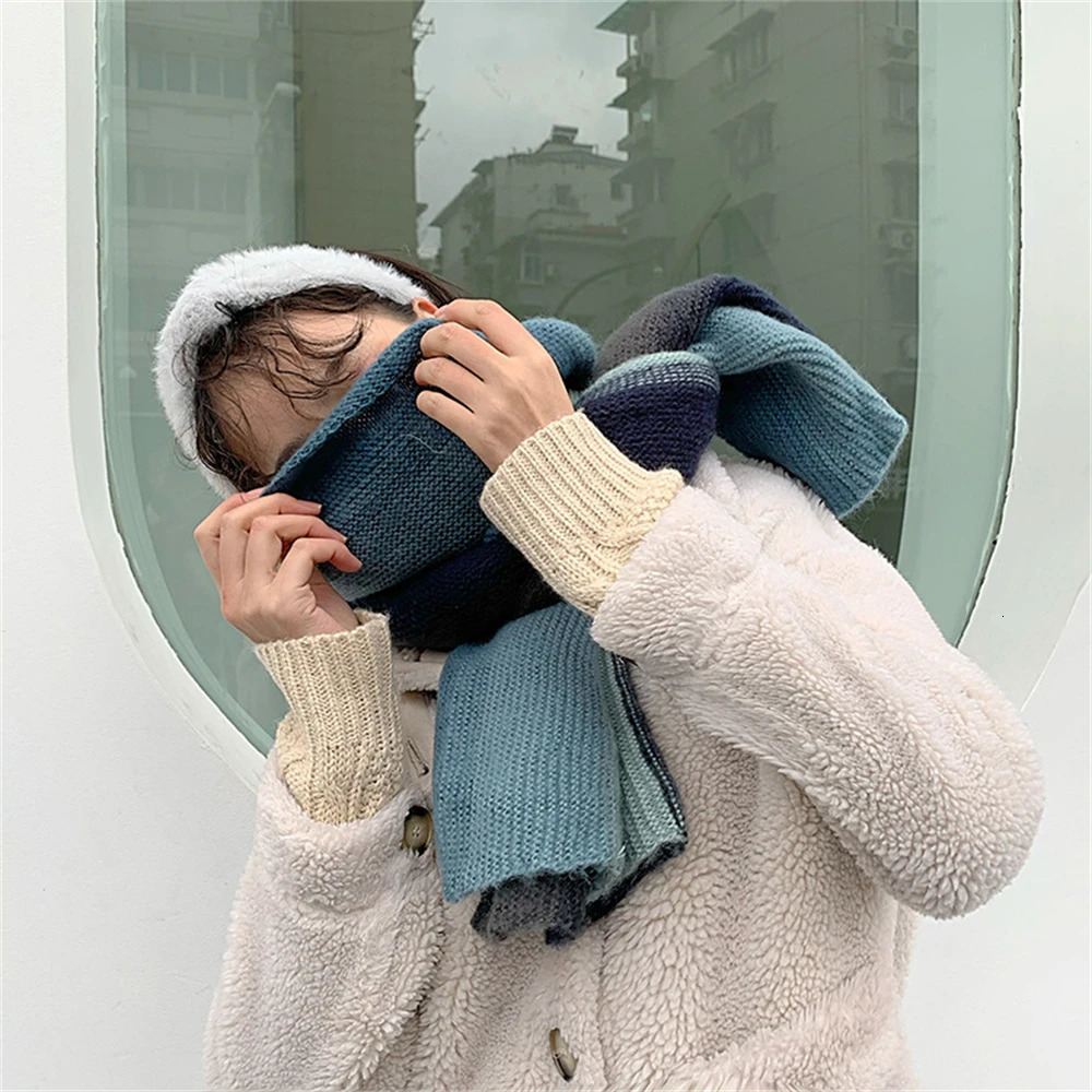 Rainbow Knit Scarf for Women Winter Thick Cashmere Stripe Shawl and Wrap Fashion Warm Streetwear Girls Foulard Wool Scarves 241220