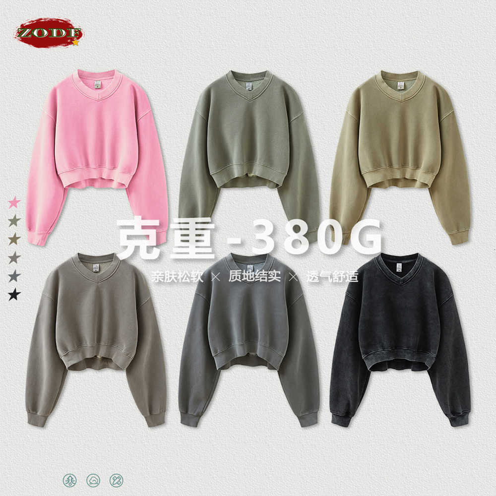 ZODF 2023 Winter Women Short Fleece Cropped Sweatshirts Girls Female Hip Hop Loose 380Gsm V-Neck Pullovers Brand Tops Hy0437