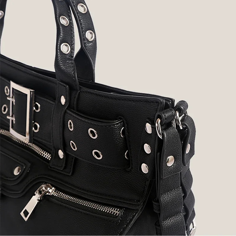 JIOMAY Women Black Goth Bag Fashion Woman Ladies Moto and Biker Style Shoulder Bag Rivet Belt Large Capacity Tote Bag 241217
