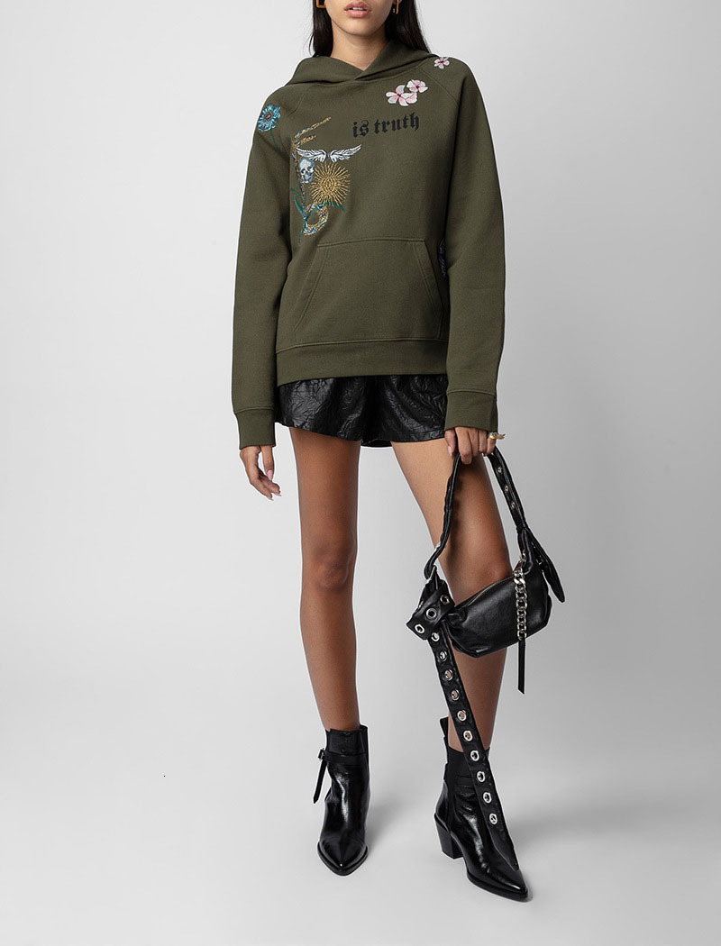 Army Green Hoodie Women's Long Sleeve Letter Print Wers Skull Wings Embroidery Pocket Fleece Pullover Sweatshirt