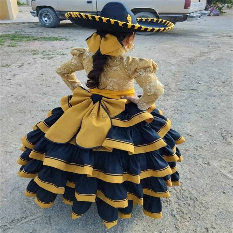 Elegant Mexican Gold Flower Girls Dress A Line Long Sleeve Lace Princess Birthday Dress Mariachi Kids Pageant Party First Holy Communion Dress Caramuz