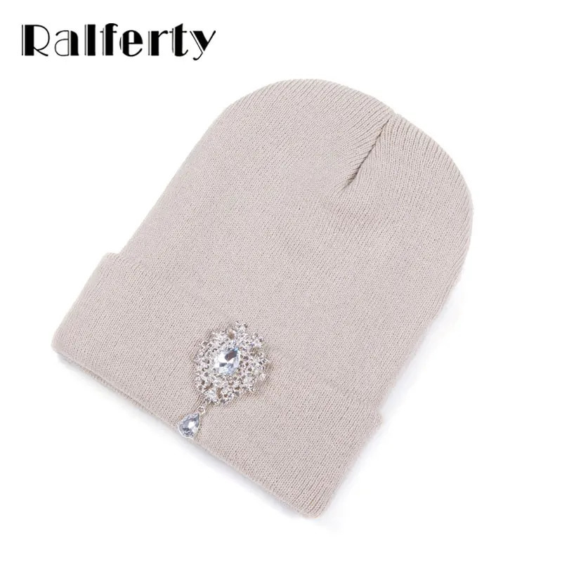Ralferty Winter Hats For Women Warm Knitted Flower Crystal Beanies Hat Female Skullies Caps Gorras Gorros 241214
