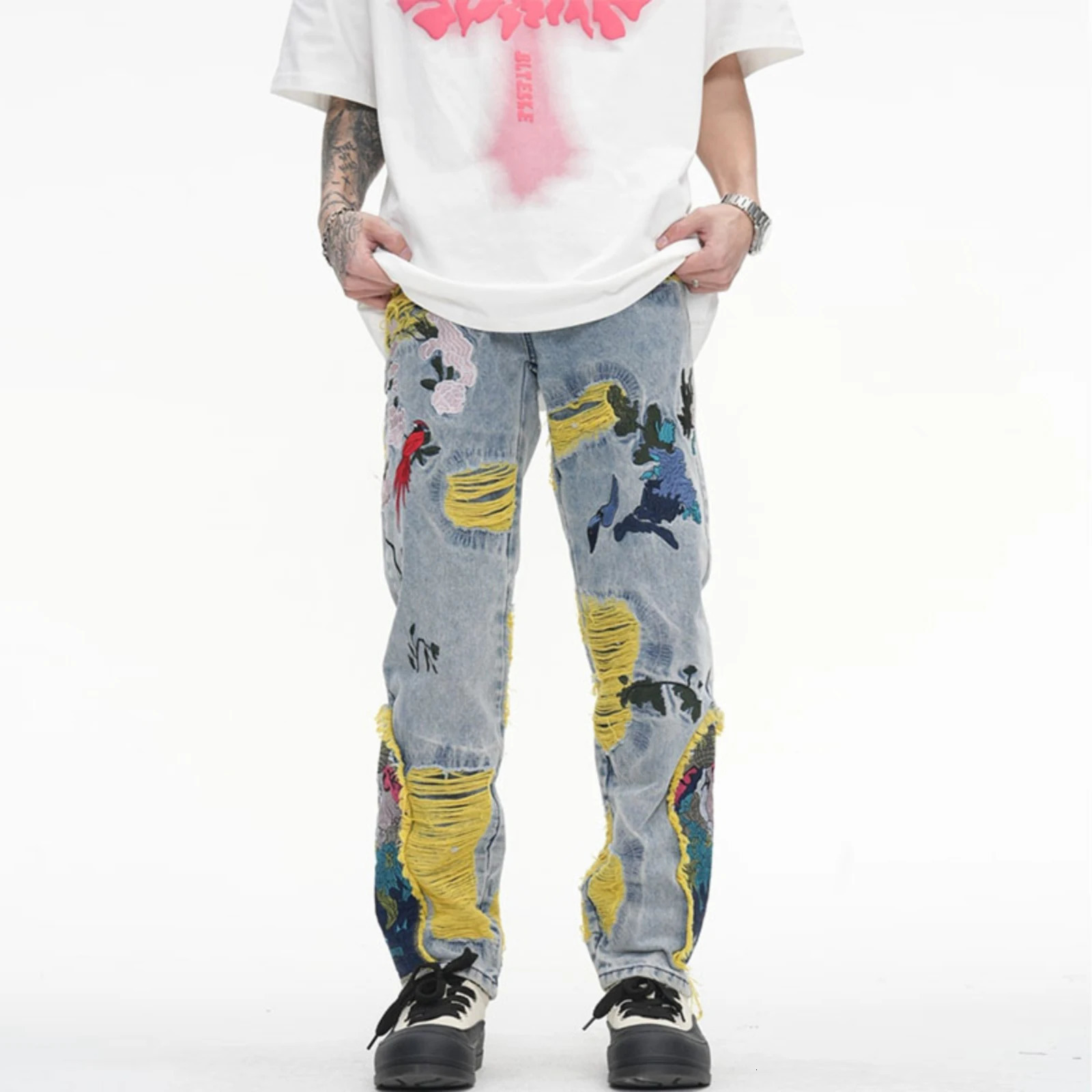 Harajuku Oil Painting ed Tassel Denim Ripped Jeans for Men Streetwear Washed Destroyed Pleated Straight Leg Pant Jean 241218