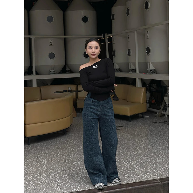 Womens Retro Wide Leg Baggy Blue Casual Denim Trouser Harajuku Aesthetic High Waist Loose Jeans Autumn Leopard Print Pant 241220