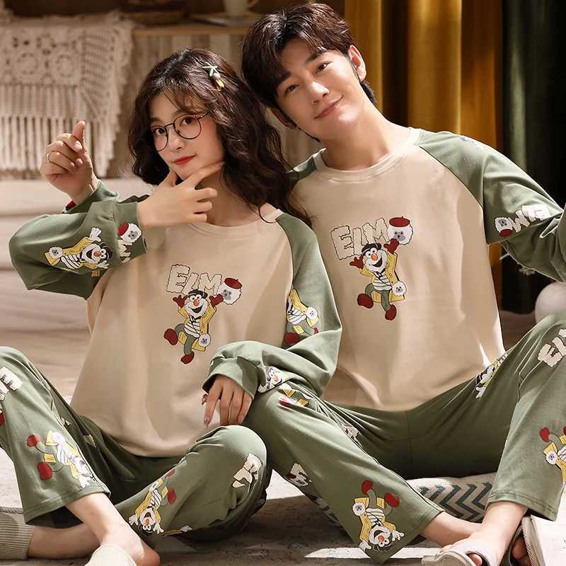 Autumn couple pajamas set cartoon mens pajamas casual cotton plus size long sleeved womens pajamas unprinted good quality slippers W241221