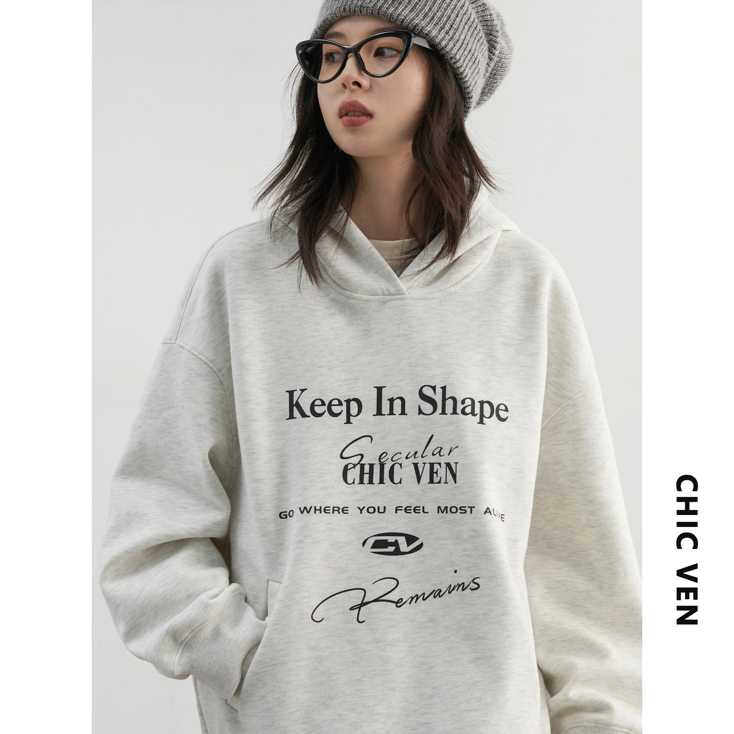 CHIC VEN Women Sweatshirts Casual Sport Hooded Letter Printed Fleece Hoodie Loose Female Top Woman Coat Autumn Winter 2024