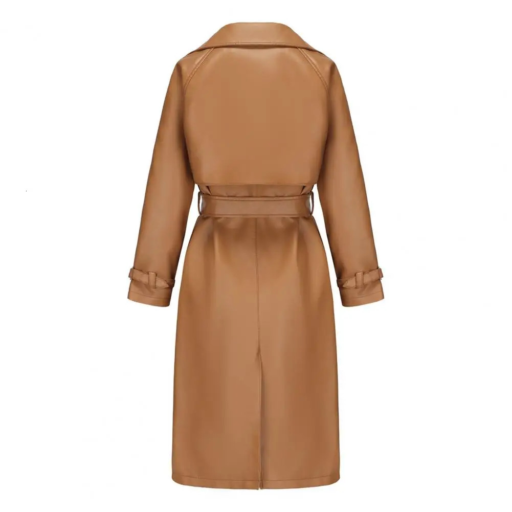 Belted Women Jacket Stylish Laceup Faux Leather Coat for Mid Length Windproof with Turndown Collar 241216