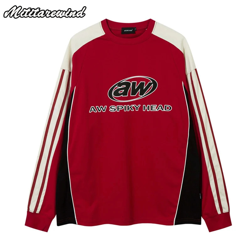 Spring Autumn Long Sleeve T Shirt Men Hip Hop Streetwear Oversized Women Retro Side Striped Round Neck Sweatshirt 241217