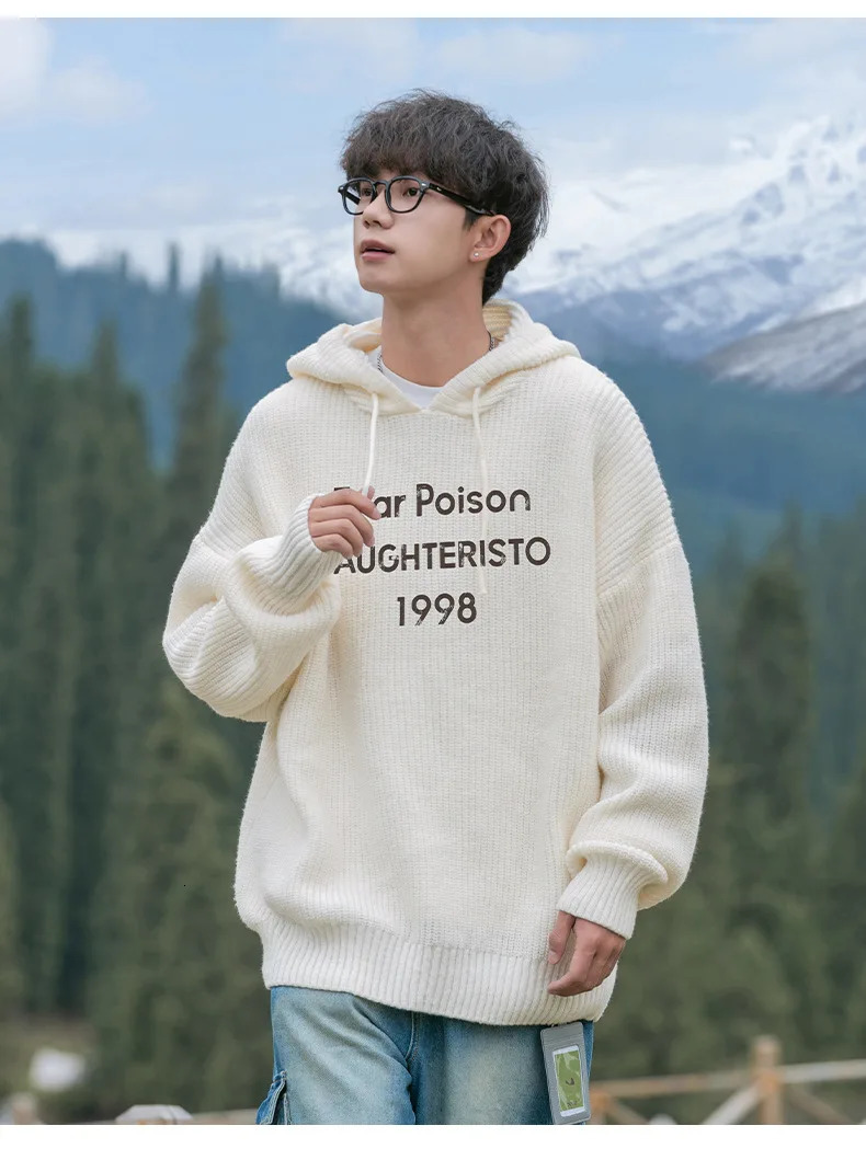 Velvet Hollow Hole Breaking Knit Sweater Mens Autumn Winter Models Loose Lazy Wind Hooded Pullover Sweater Top Warm 241220