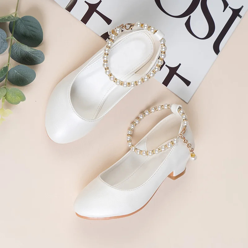Girls High-heeled Leather Shoes Spring Childrens High-heeled Middle-aged Kids White Wedding Host Show Princess Dress Shoes 241217