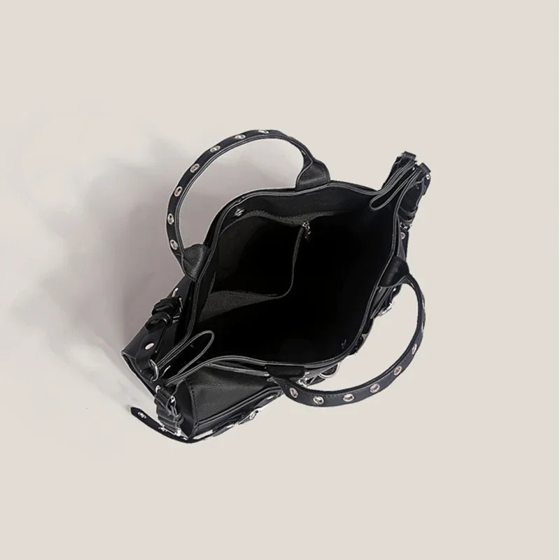JIOMAY Women Black Goth Bag Fashion Woman Ladies Moto and Biker Style Shoulder Bag Rivet Belt Large Capacity Tote Bag 241217