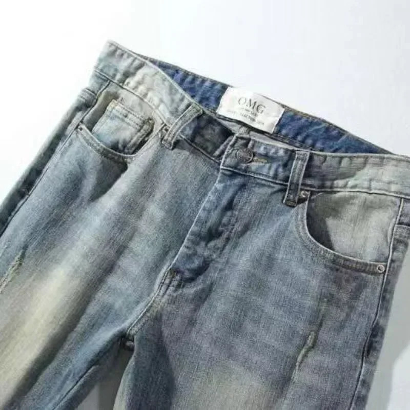 Male Cowboy Pants Punk Broken Jeans For Men Slim Fit Trousers Ripped Skinny Torn Tight Pipe With Slits Holes Stylish Denim 241218