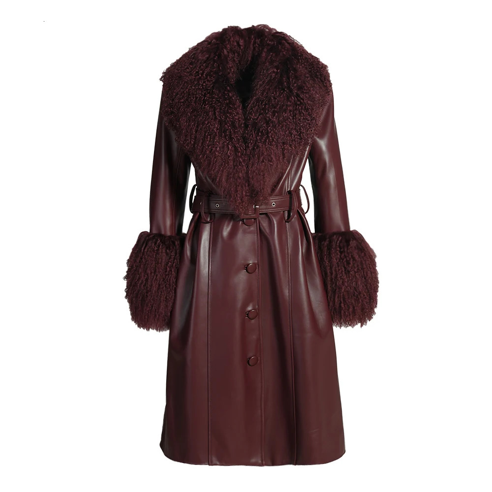 Jaxmonoy Womens Real Leather Coats with Mongolian Sheep Fur Collar Ladies Autumn Winter Long Style Sheepskin Coat 241216