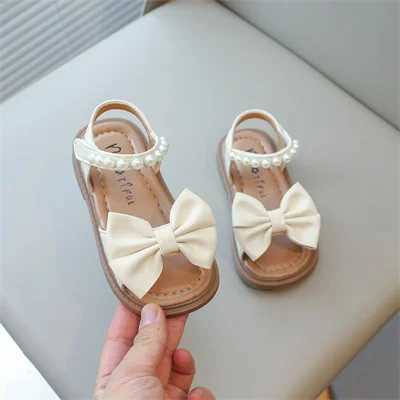 Sneakers Girls Sweet Pearl Bow Open Princess Sandals in Beige/Brown New PU Outdoor Fashion Sandals for Girls in Summer Sizes 22-31 H241221
