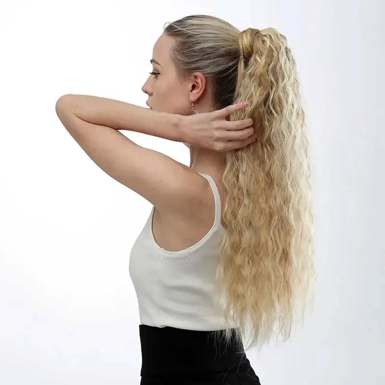 Synthetic Long Corn Wave Ponytail Extension Magic Paste Heat Resistant Wavy Wrap Around Ponytail Black Hairpiece for WomenXJ241221