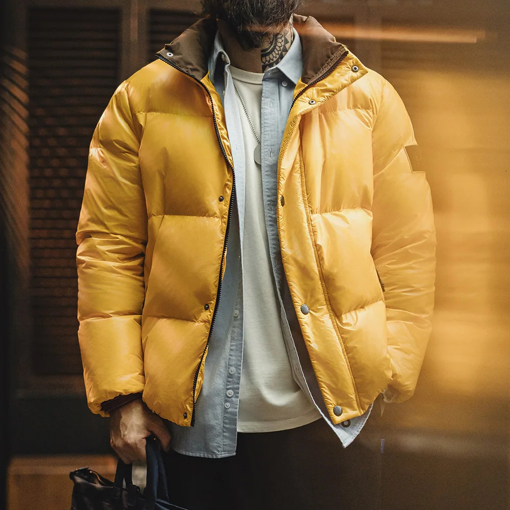Maden Casual 90% White Duck Down Jacket Yellow Stand Collar Warm Versatile Puffer Coat for Men Fall and Winter Outerwear 241217