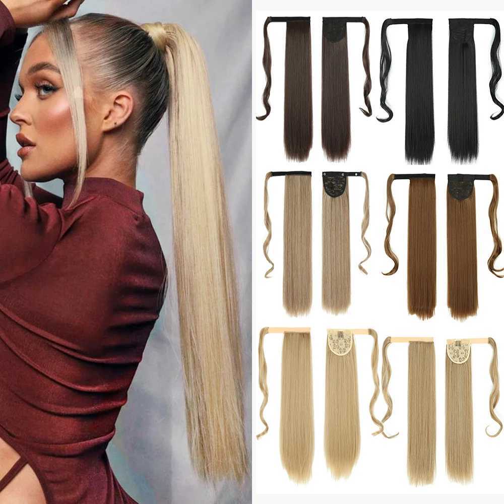 My-Diva 22Inchs Long Straight Synthetic Ponytail Hair Extension Heat Resistant Wrap Around p-in Black Pony Golden Fake HairXJ241221