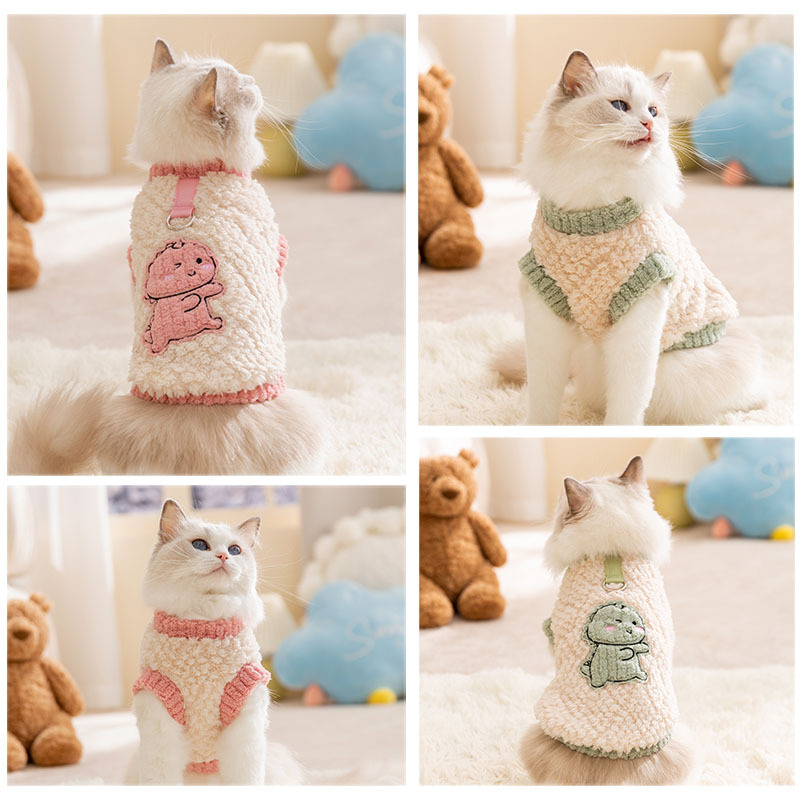 Cute dinosaur in autumn and winter, two legged traction, fluffy clothes for cats, blue cat clothes for kittens, pets clothes