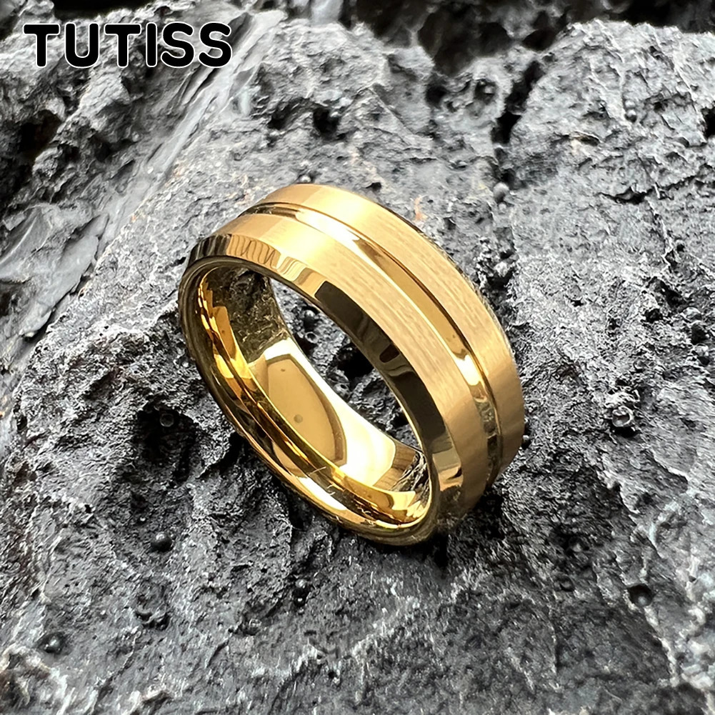 TUTISS 8mm Artificial gold Rose Color Tungsten Carbide Ring Men Women Wedding Band Center Groove Brushed Beveled Edges 241220