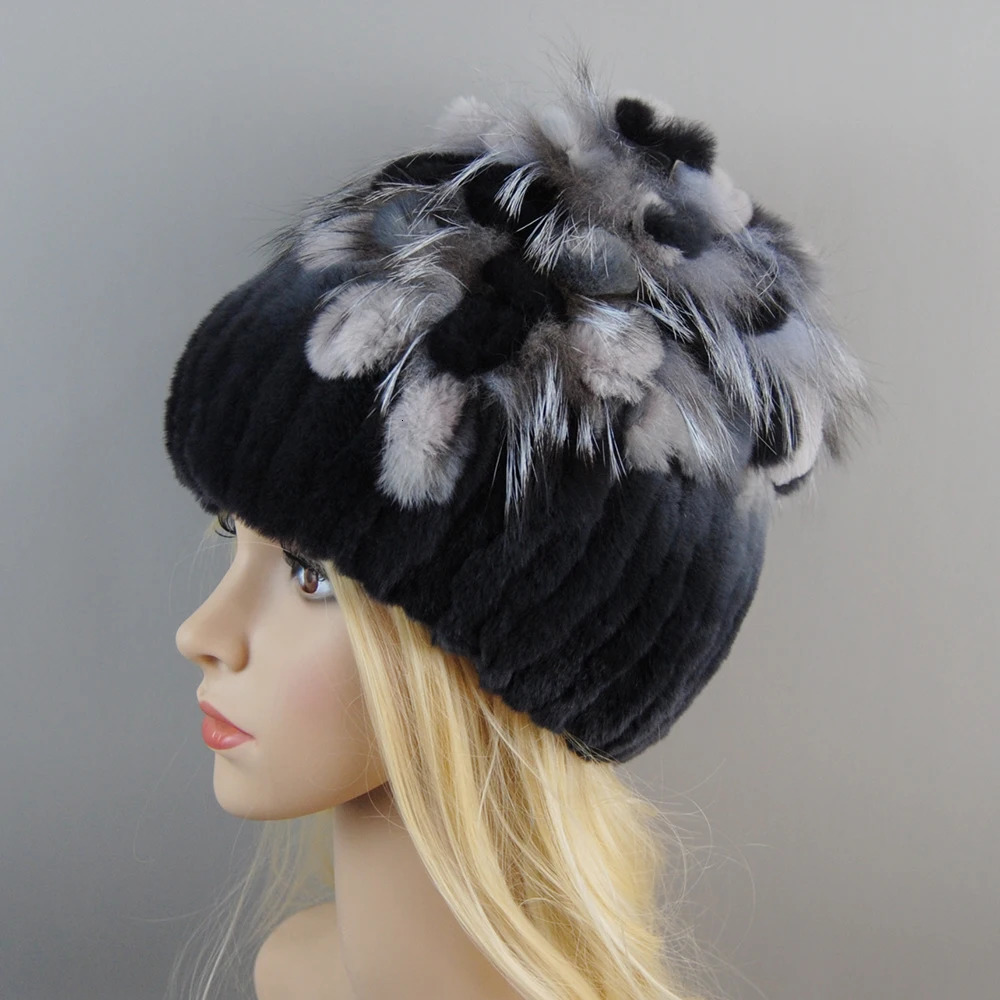Women Fur Hat For Winter Handmade Natural Rex Rabbit Fox Fur Cap Russian Female Fur Headgear Warm Beanies Cap 241214