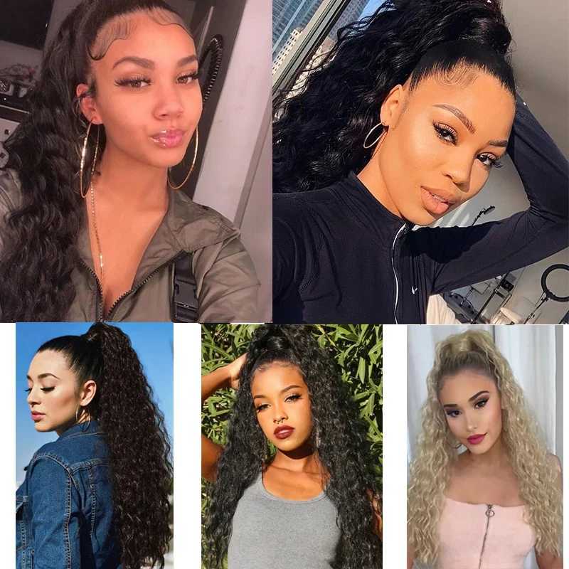 22Inch Synthetic Long Kinky Curly Ponytail Drawstring Clip in Hair Extension Black Brown Blonde Hairpiece for WomenXJ241221