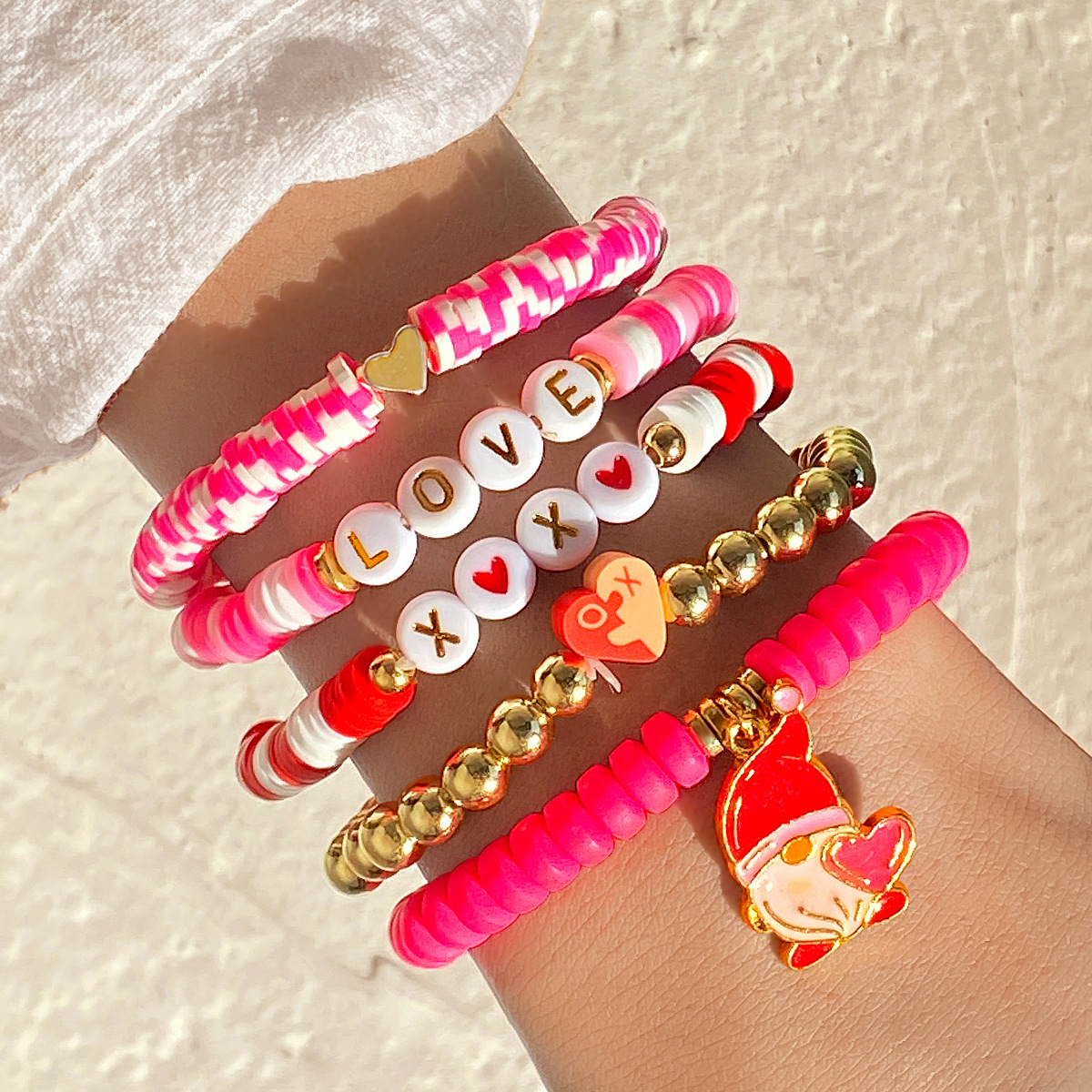 Valentine's Day Pink Heart Charm Elastic Bracelet with Soft Clay Beads 2025 Fashion Letter Jewelry Set Party Birthday Gifts