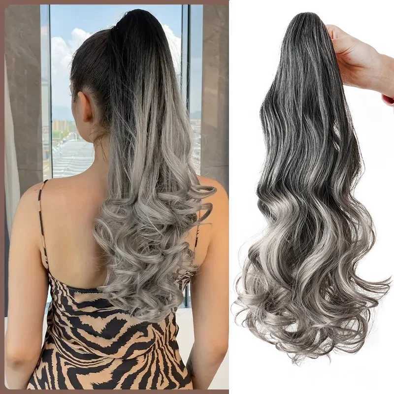 18Inch Synthetic Long Wavy Curly Ponytail Claw Clip in Hair Extension Black Grey Hairpiece for WomenXJ241221